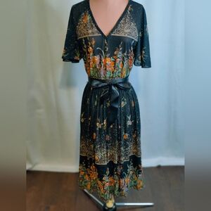 Vintage Black and Orange Floral Midi Dress